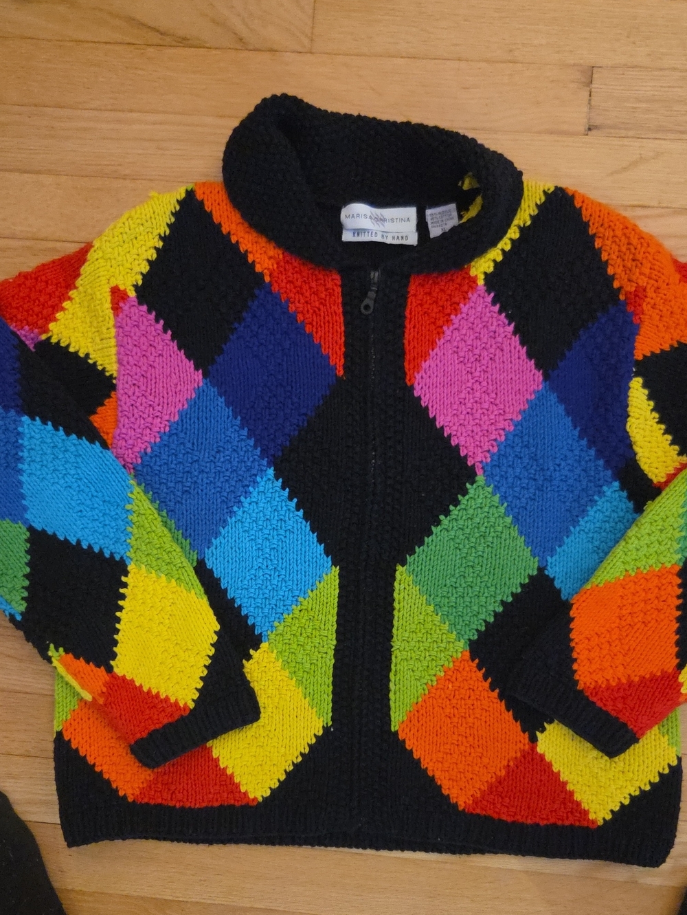 VTG Marisa Christina Hand Knit Colorblock Argyle Full Zip Sweater XL Rainbow